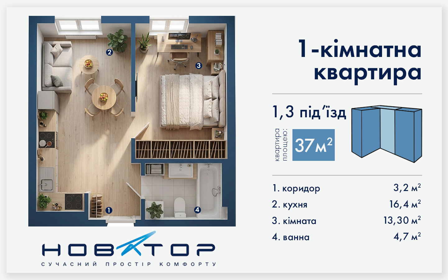 1-3 під'їзд 1 кімнатна 37