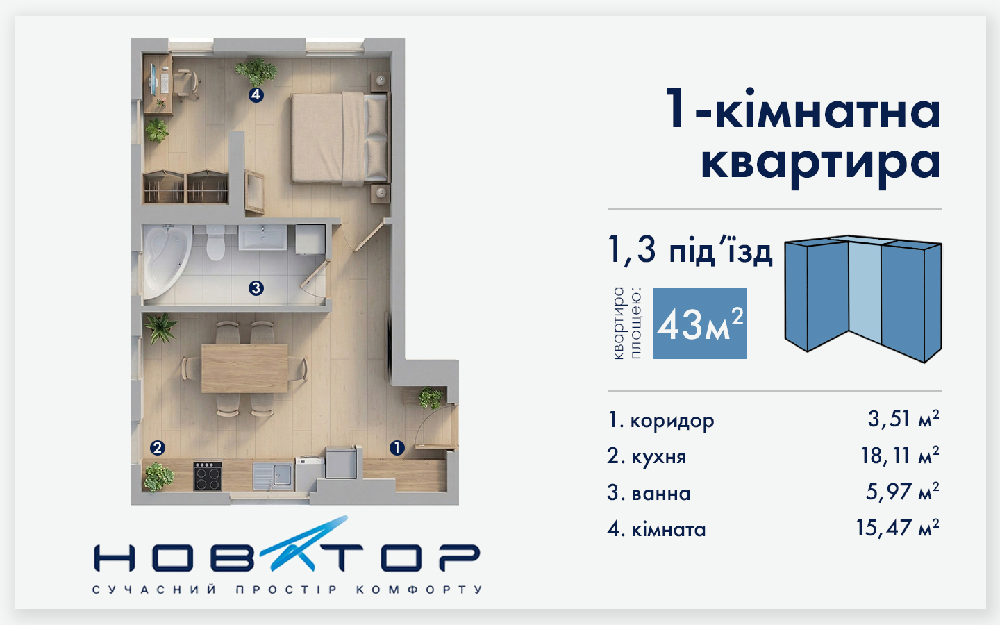 1-3 під'їзд 1 кімнатна 43